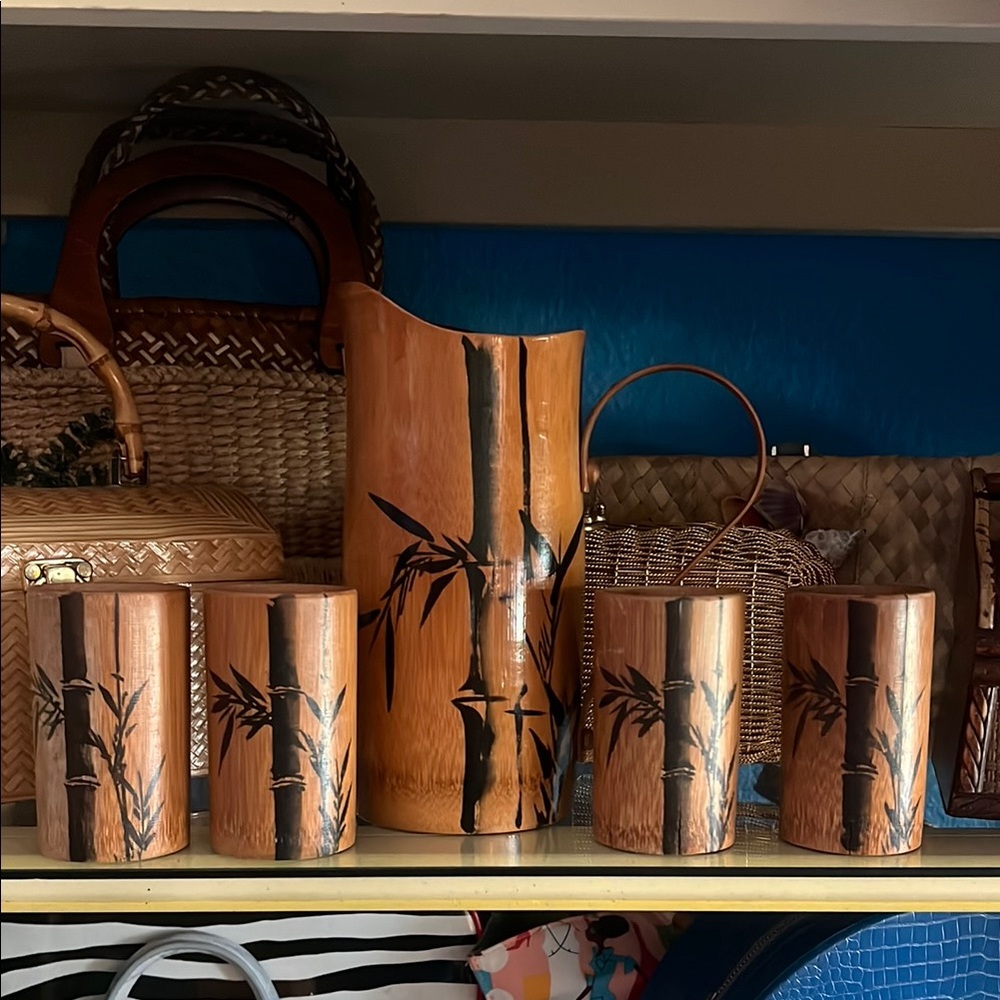 Vintage Japanese Bamboo Tan Pitcher and Tumbler Set